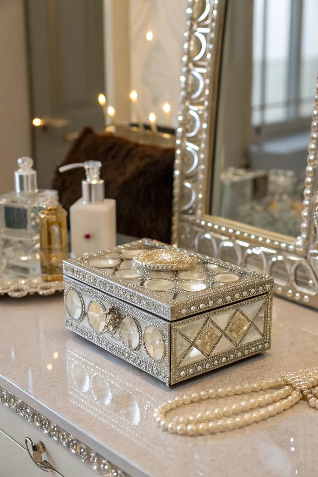 A glamorous mirror-embellished box, reflecting elegance.