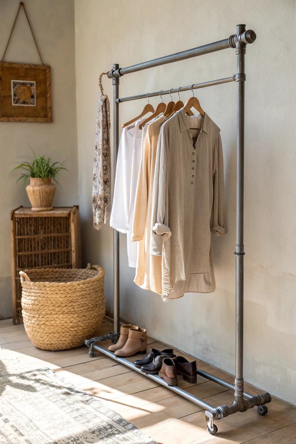 Transmute your abode with an upcycled tube garment stand—where mechanized charm meets uncluttered elegance.