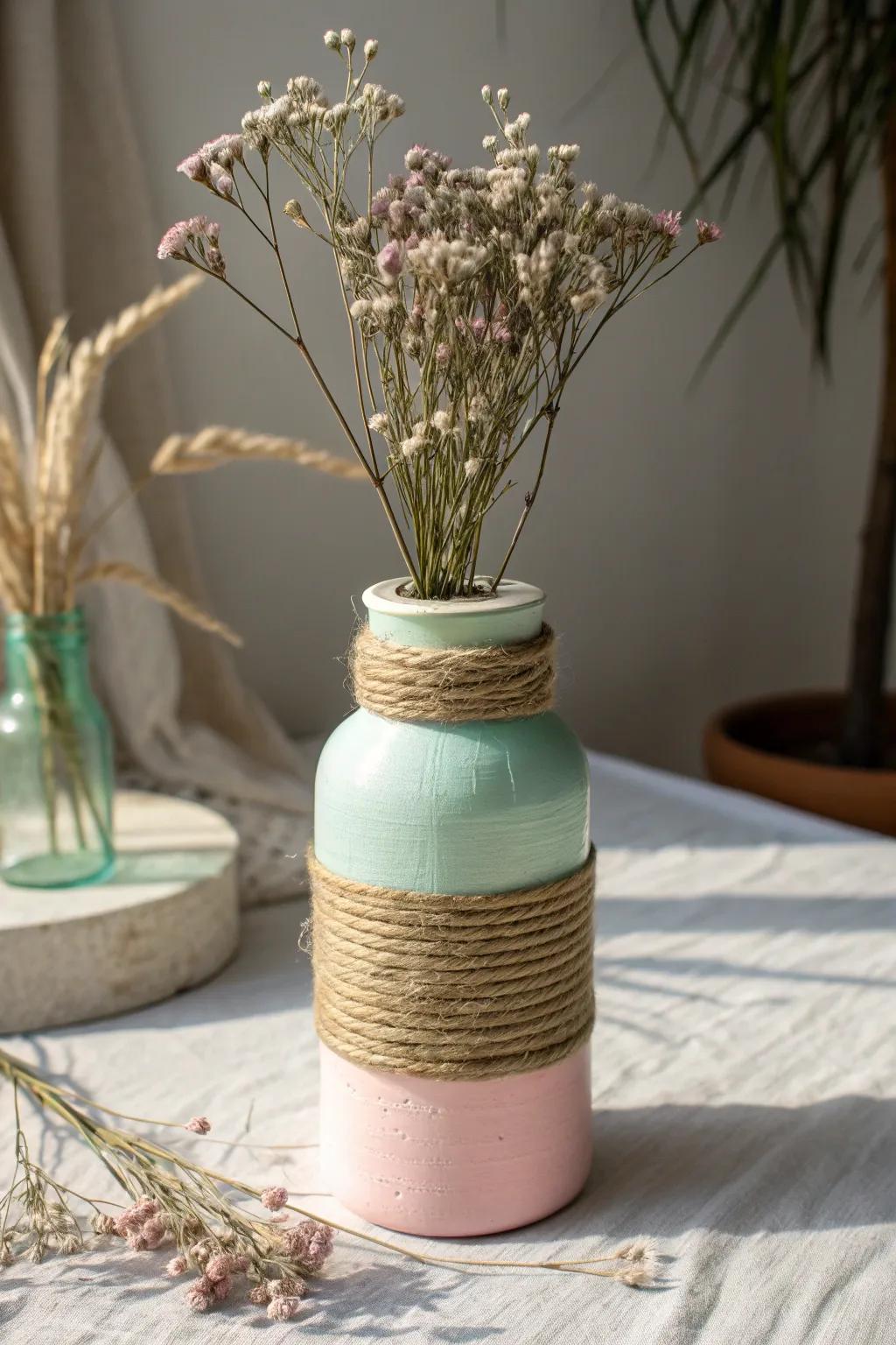 Transform simple jars into stunning vases with a touch of twine and paint.