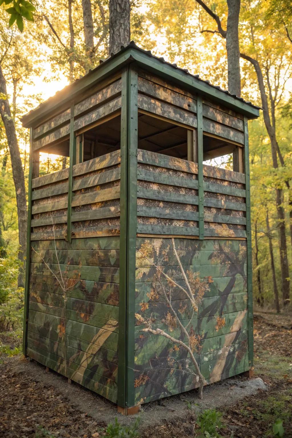 Perfect the art of camouflage using upcycled glazing blinds—where creativity meets handiwork in the wild.