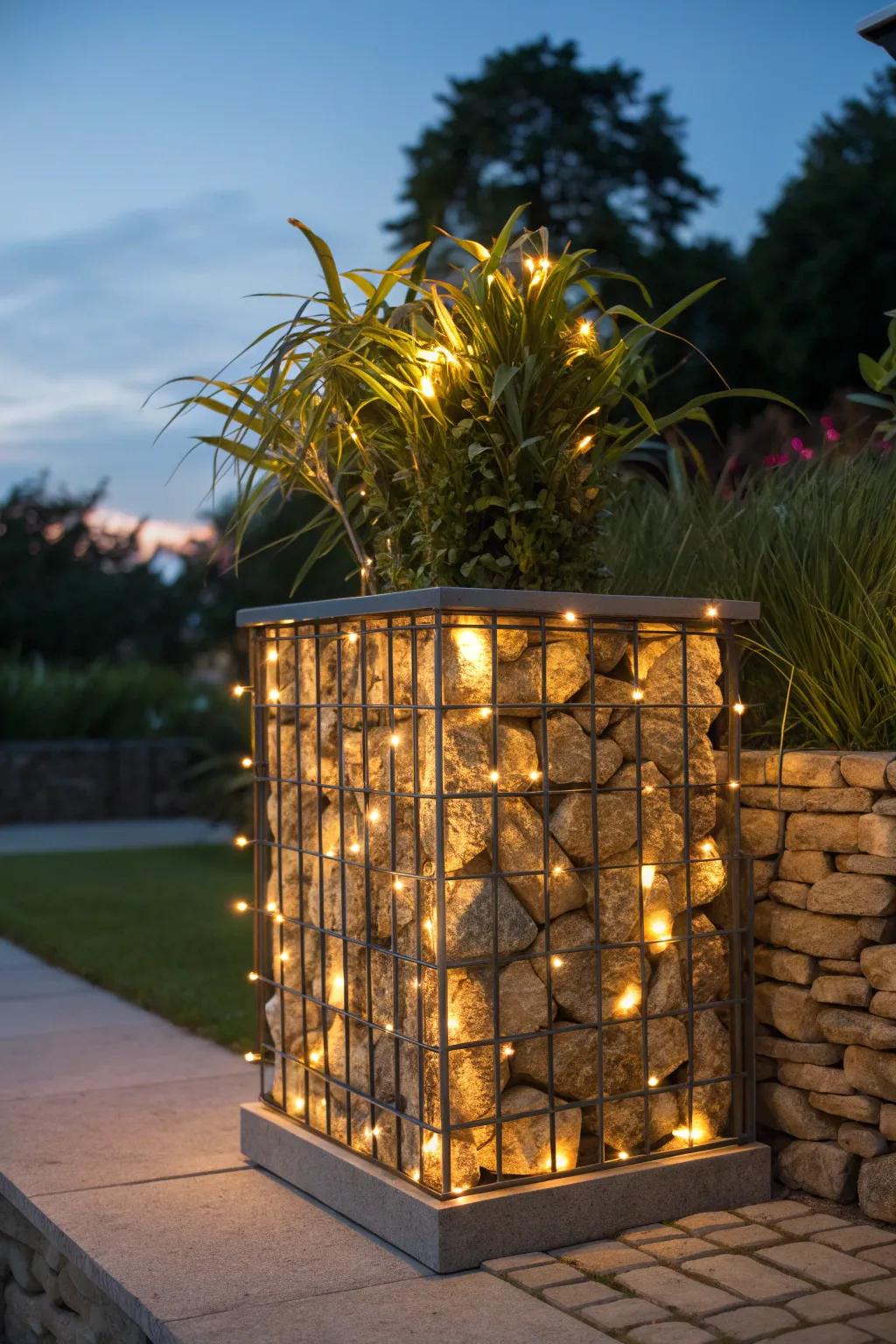 Illuminate your evenings with a DIY gabion planter enveloped in enchanting sprite illumination.