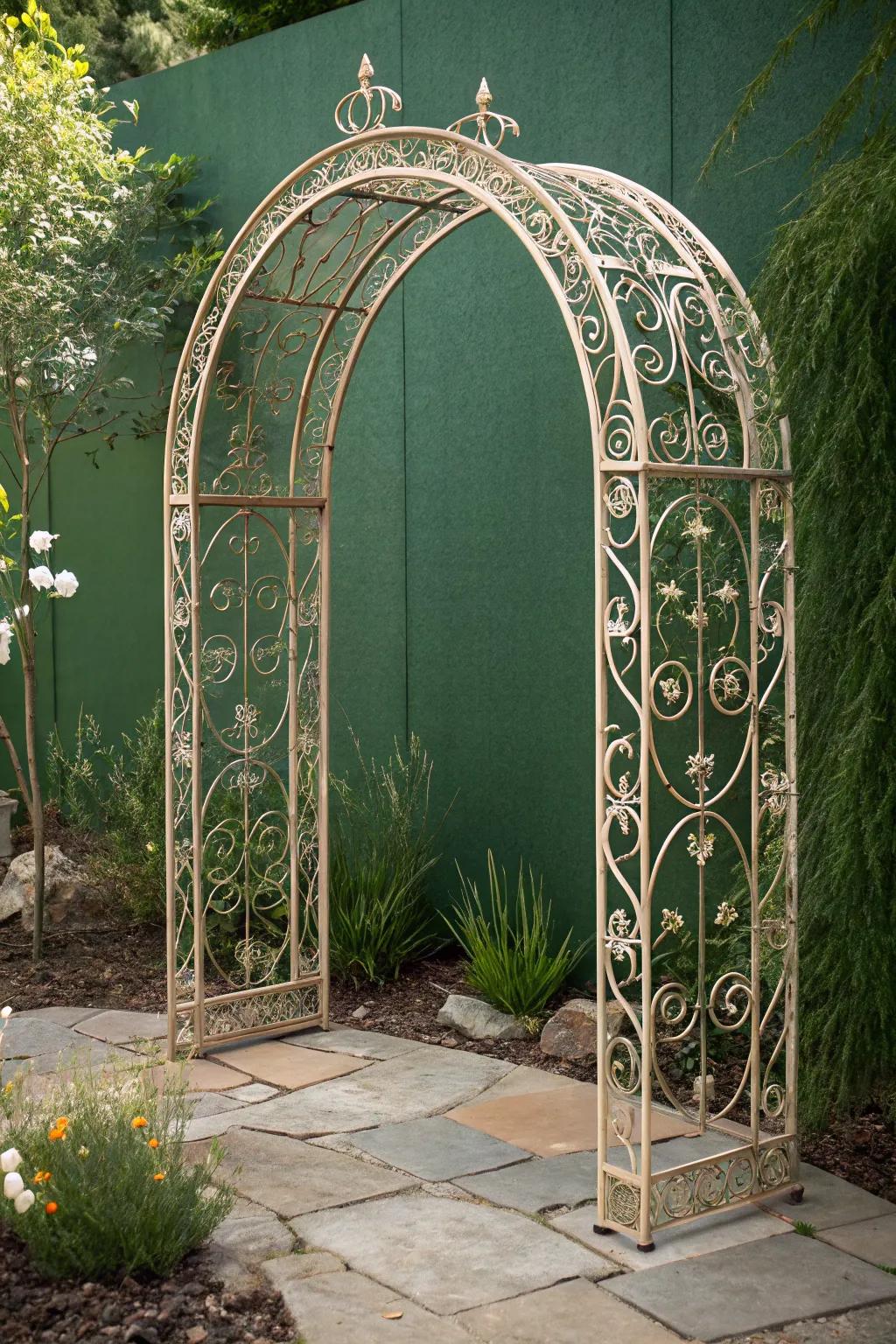 Elevate your garden with a hint of artistic elegance via this stunning metalwork arch.