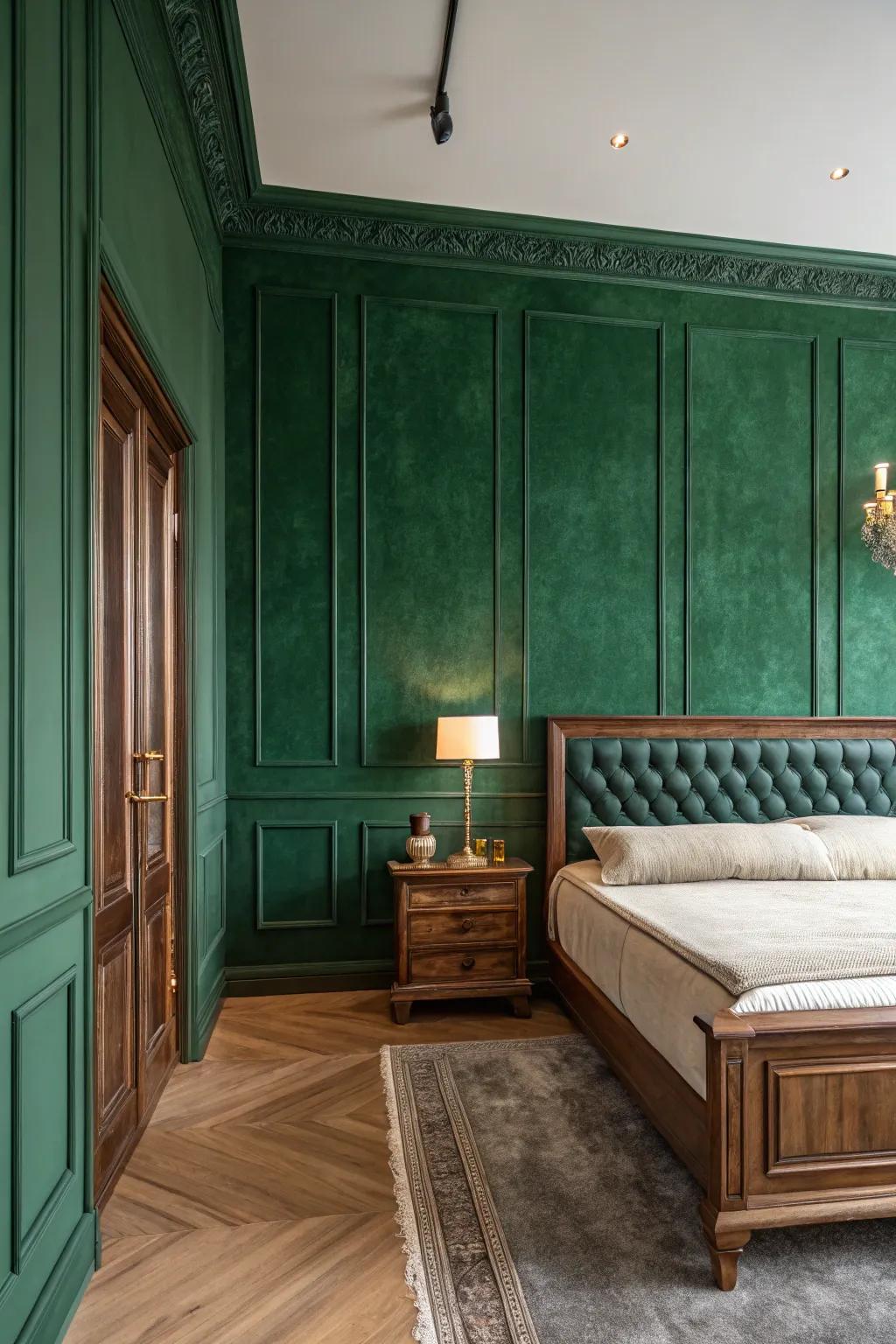Redesign your chamber into a tranquil haven with bold, dark teal walls that enthrall and pacify.