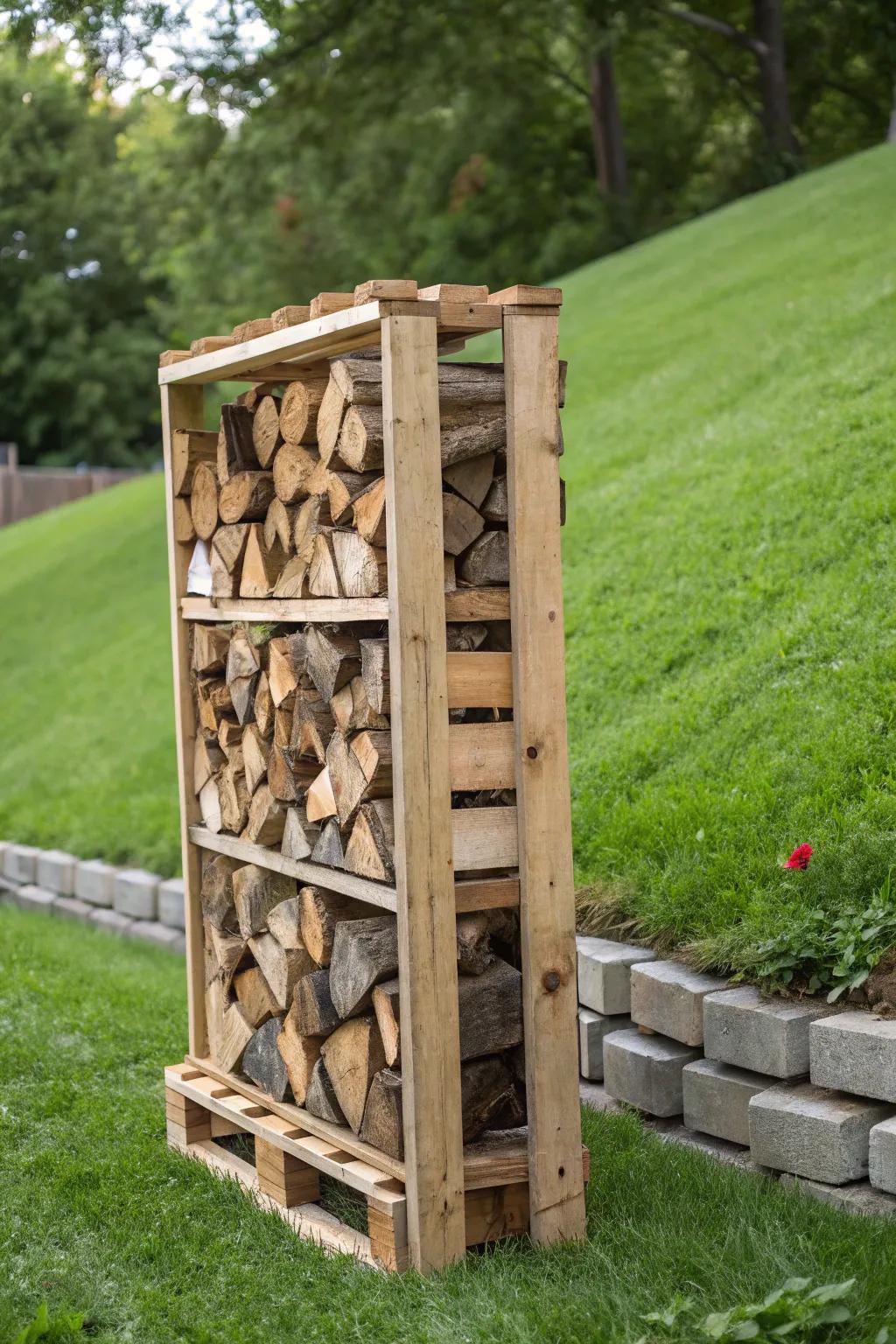 Master the Slope: Elevate your backyard with this DIY pallet firewood rack.