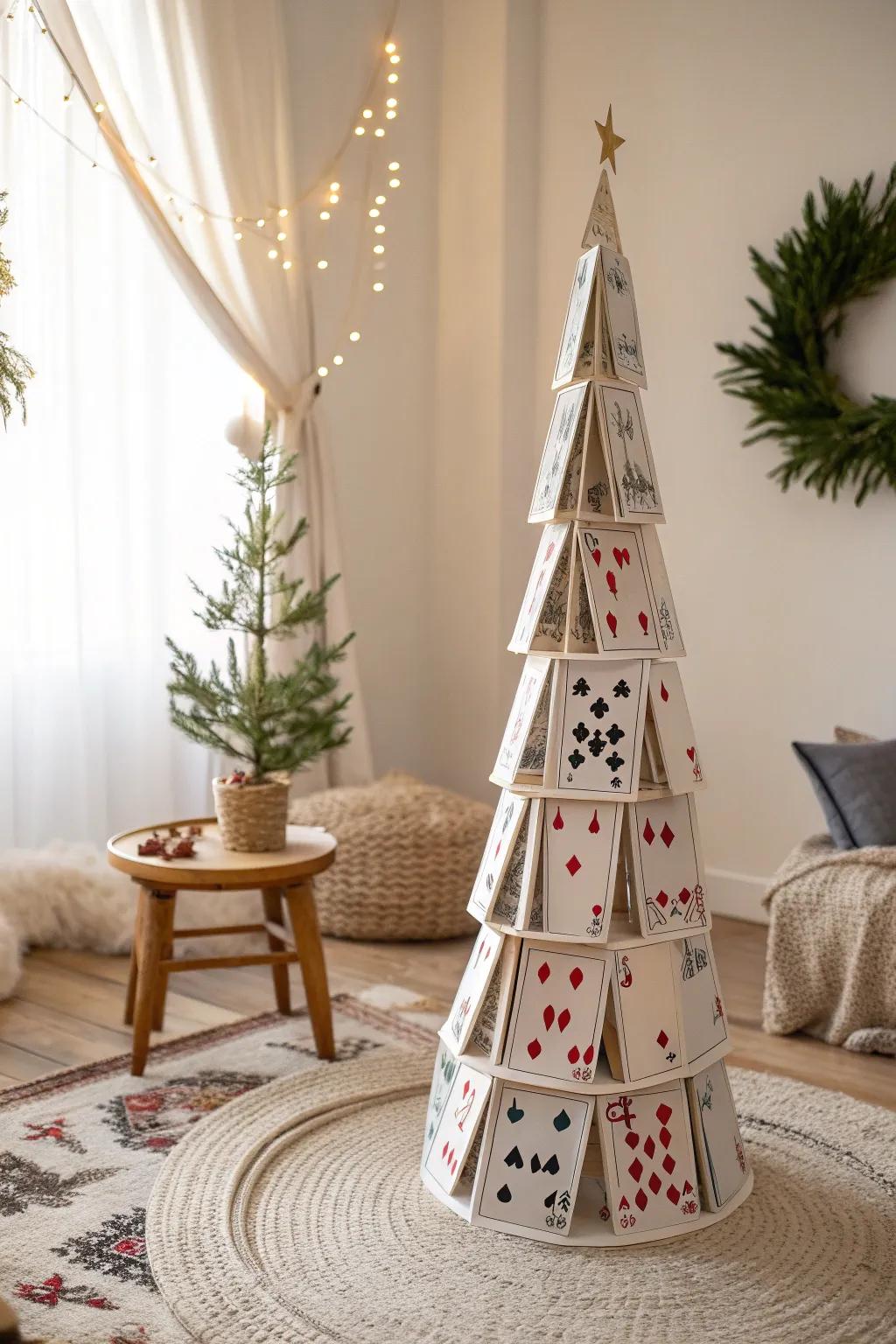 Elevate your holiday decor with this charming DIY playing card Christmas tree, blending minimalist and Boho styles for a festive touch!