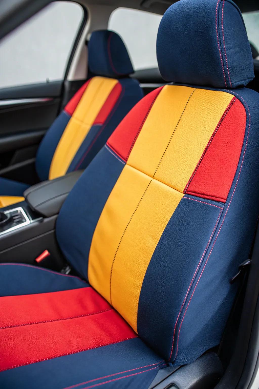 Transform your ride with striking chromatic division seat coverings – where craftsmanship aligns with audacious design.