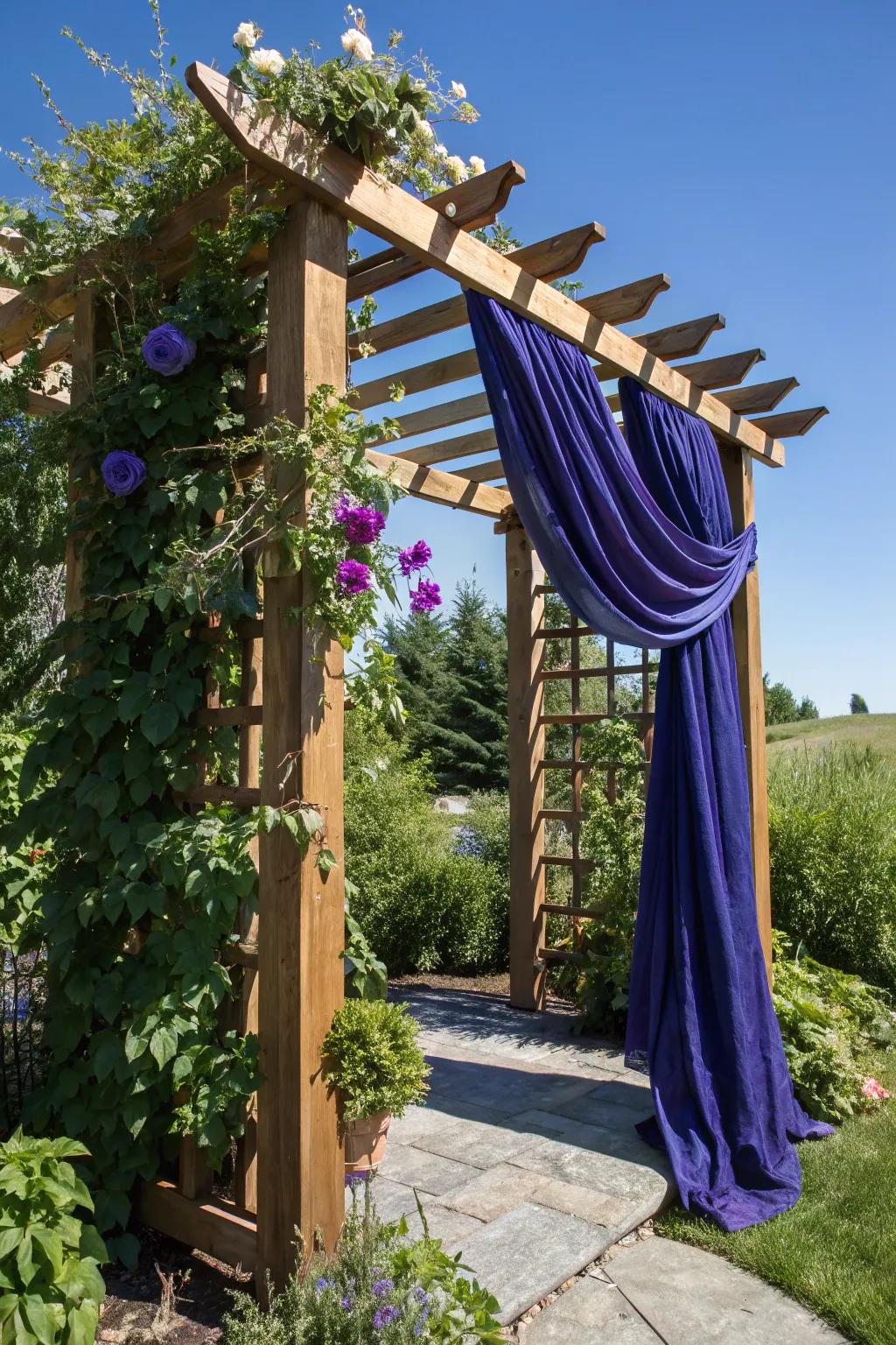 Elevate your garden aesthetics with a handcrafted trellis and vibrant shade cloth combination.