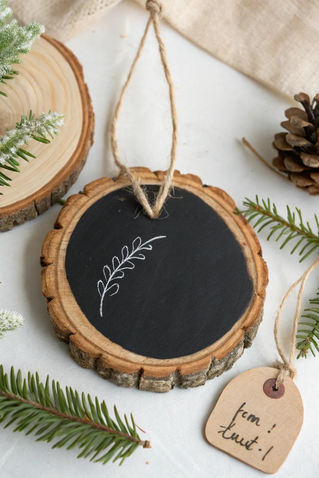 Craft your own story with these enchanting wooden chalkboard ornaments, perfect for a touch of personalized charm.