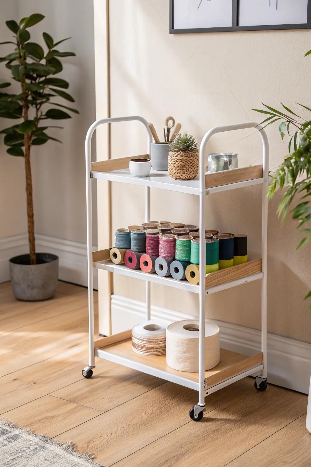 With a chic rolling cart, you can enhance your craft area; it's arranged flawlessly and moves with ease.
