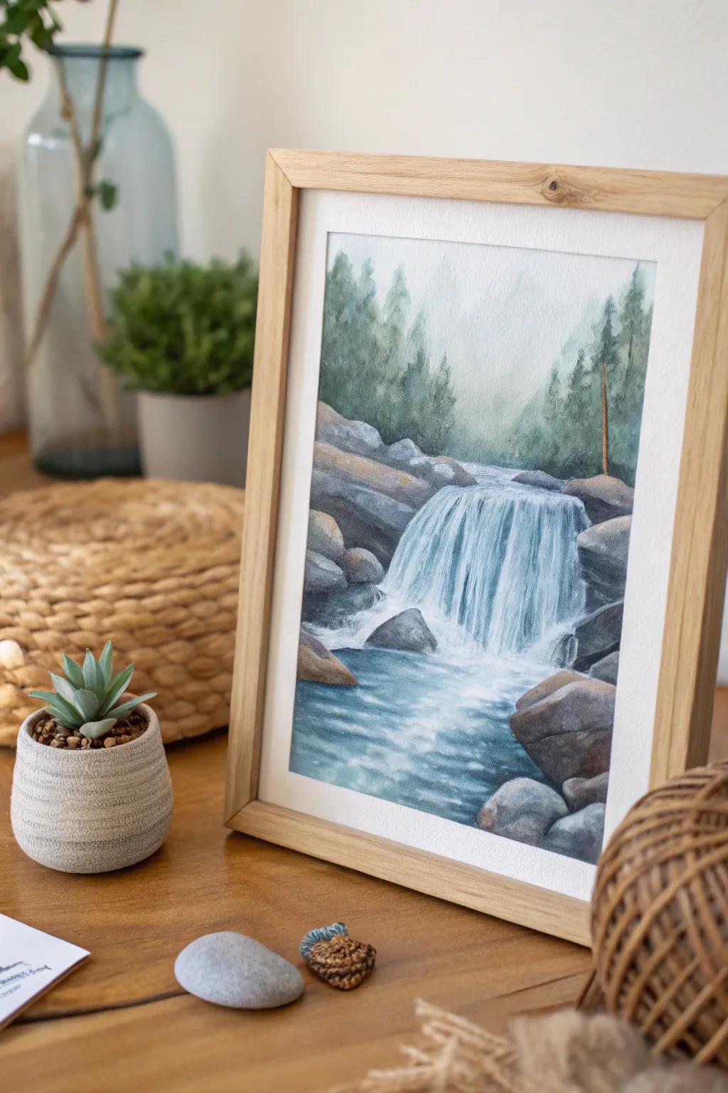 Embrace the serene progression of nature through this minimalist cataract aquarelle. Flawless for appending a hint of calmness to your space.
