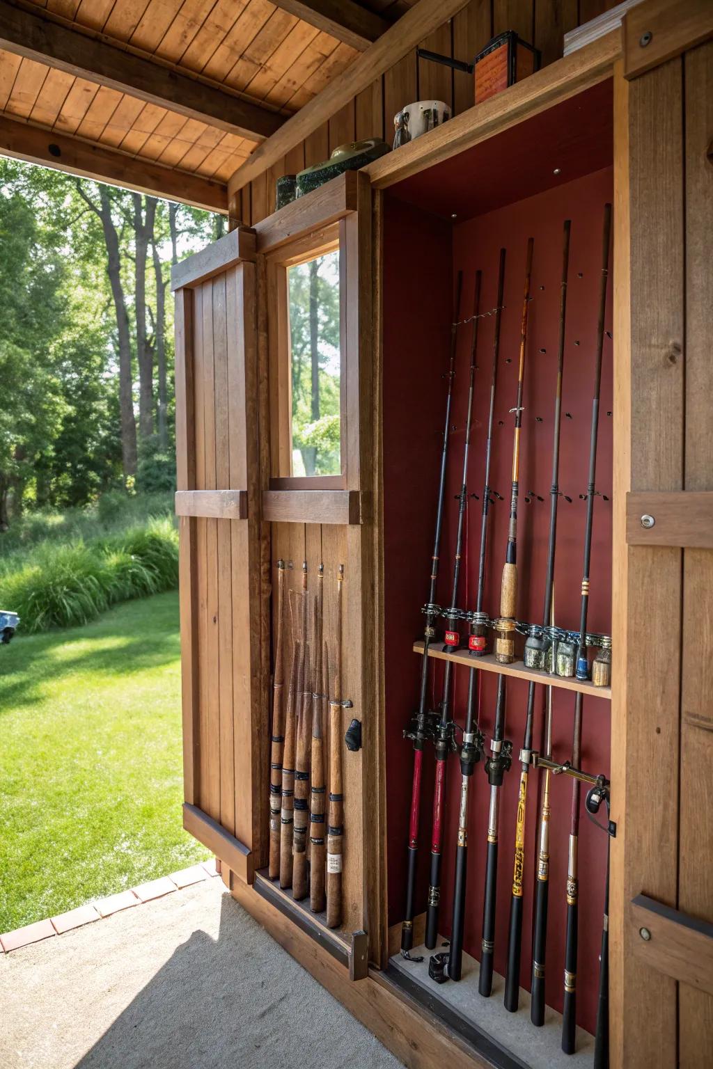 Transform your garden shed into a sanctuary for your fishing gear through this elegant pole storage solution.