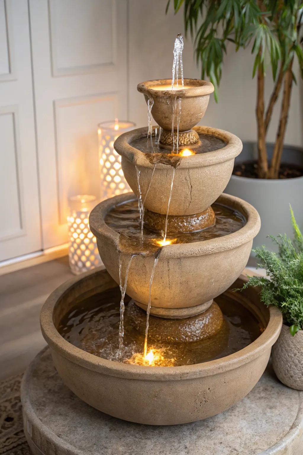Transform your area into a serene oasis through this illuminated flower pot fountain, where simplicity encounters enchantment.