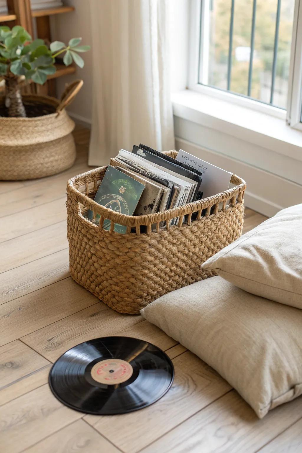 Embrace the nostalgia of sound with a vintage vinyl basket, perfect for those cherished lazy afternoons. 🌿🎶