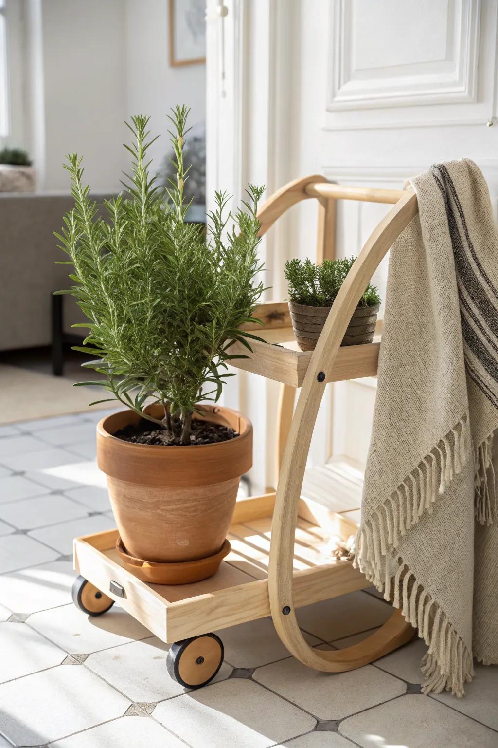 Embrace flexibility and style with a portable herb cart for your rosemary.