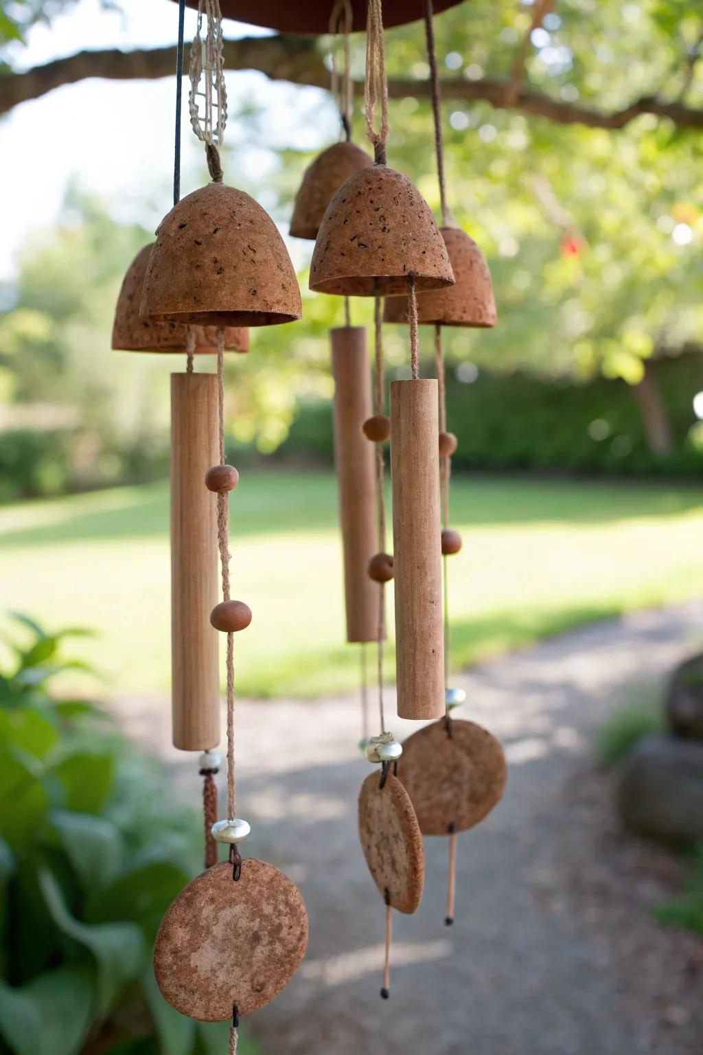 Introduce a composition of nature to your garden through artisanal clay and bamboo wind chimes.