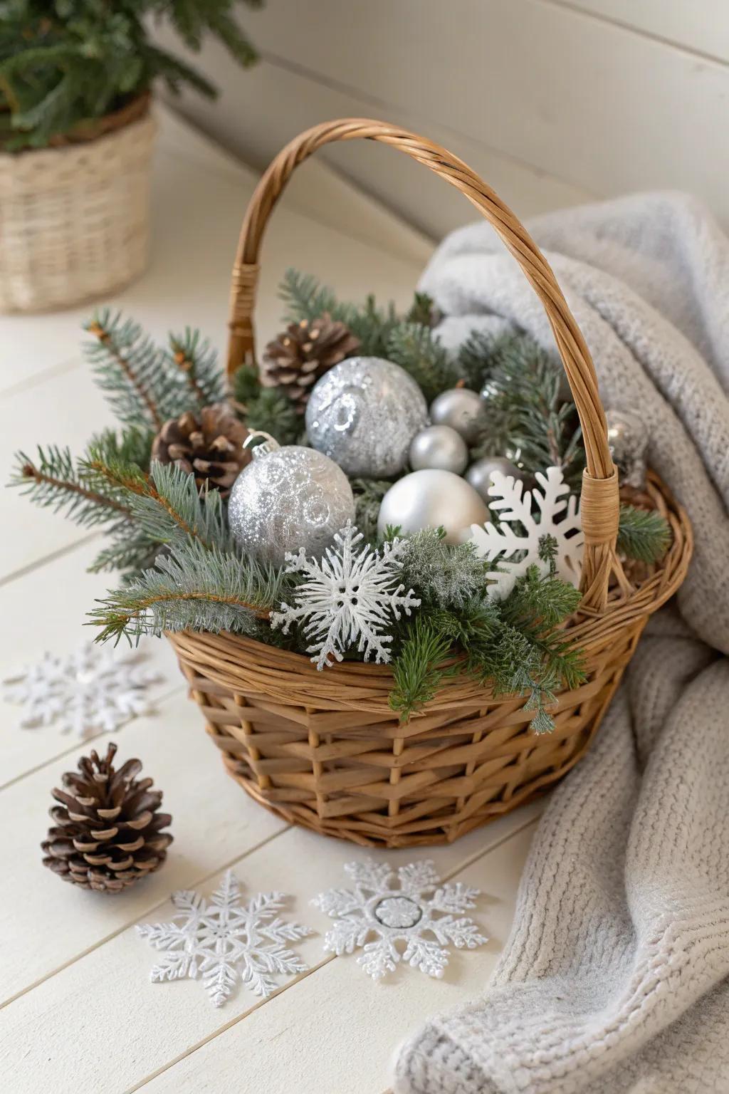 Transform your abode into a serene Winter Wonderland with this exquisite handcrafted basket, a flawless blend of simplicity and natural beauty.