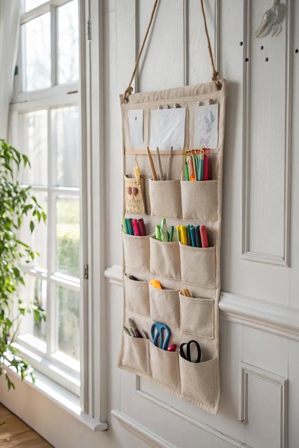 Transform vertical expanse with elegance: Repurpose a shoe organizer for your child's art materials.