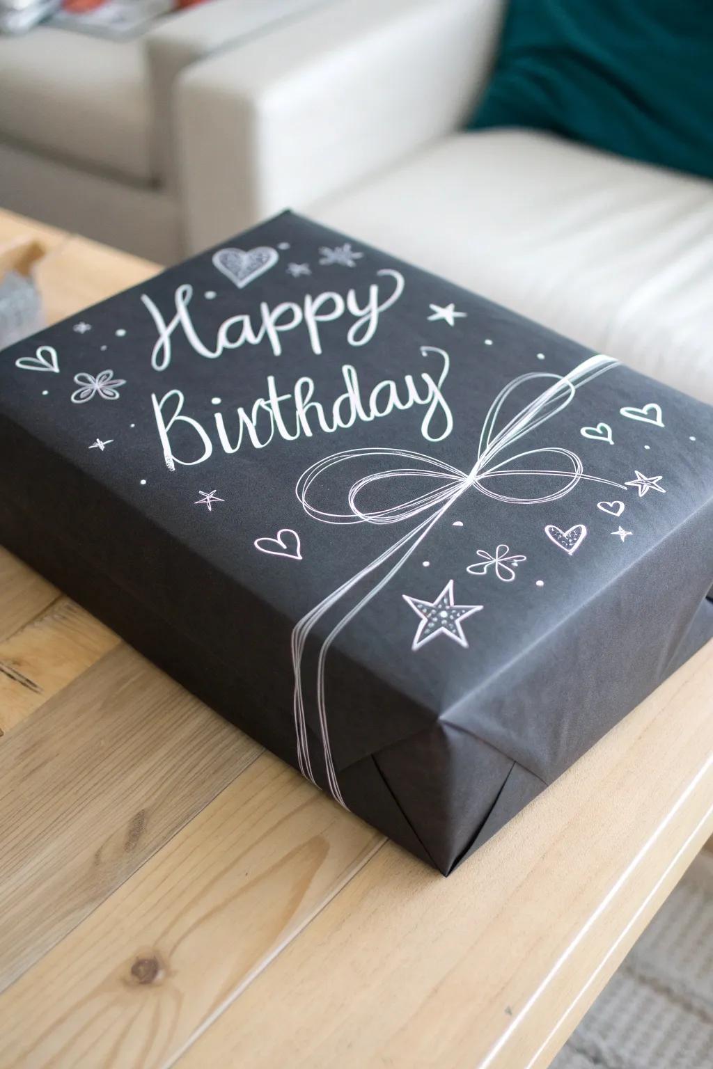 Transform your gift wrapping into a keepsake with elegant chalkboard paper and personalized messages. #GiftWrapping #ScandinavianStyle #BohoCharm