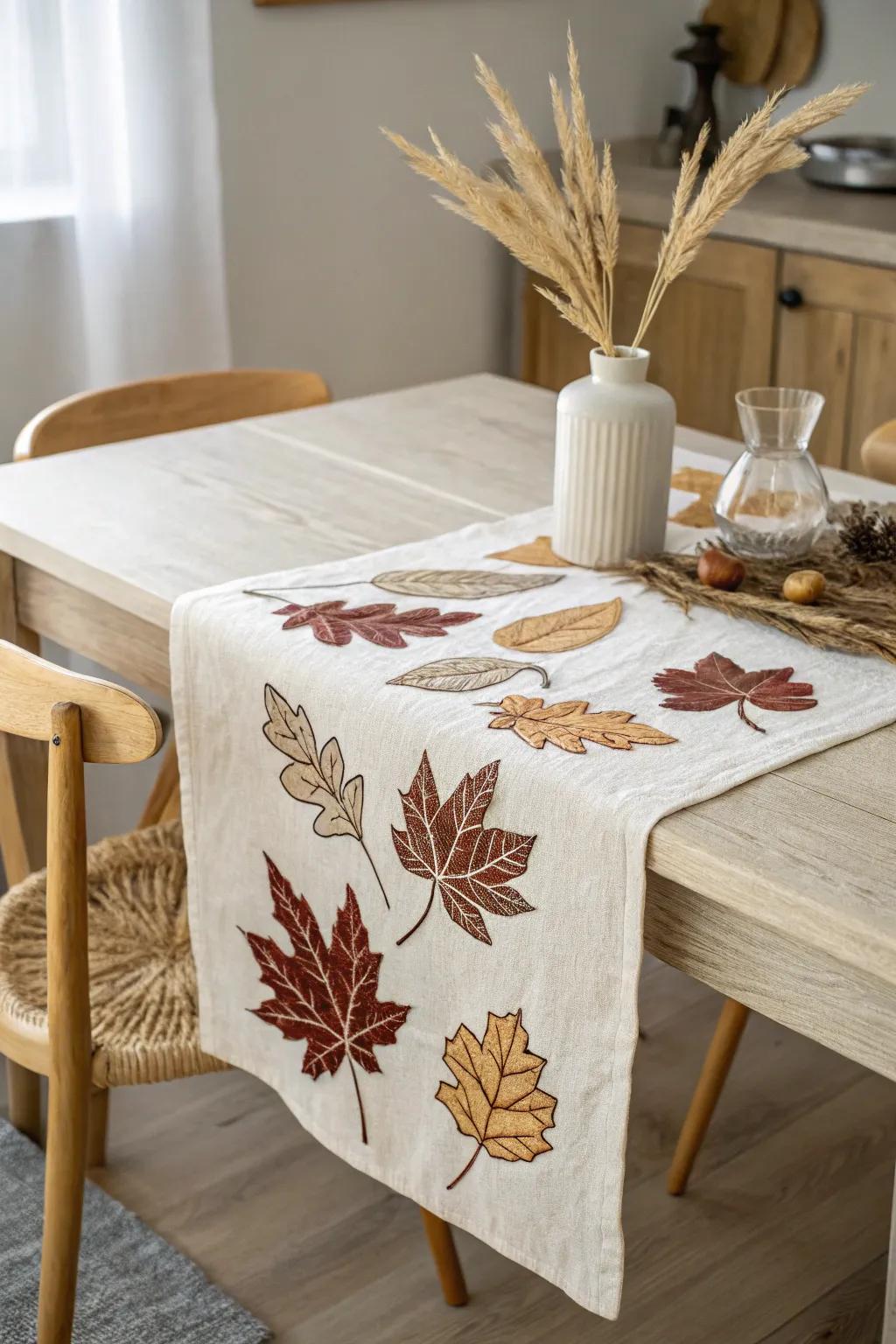 With a handcrafted touch, you can enhance your autumn gatherings: a leaf-appliqué table linen for cozy elegance.