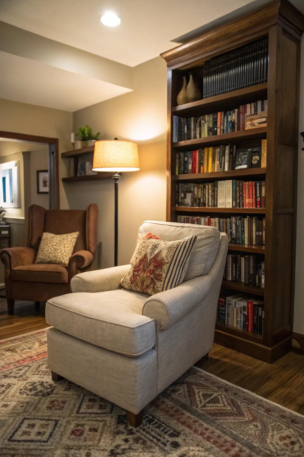 A comfortable reading alcove extends a personal space to unwind.