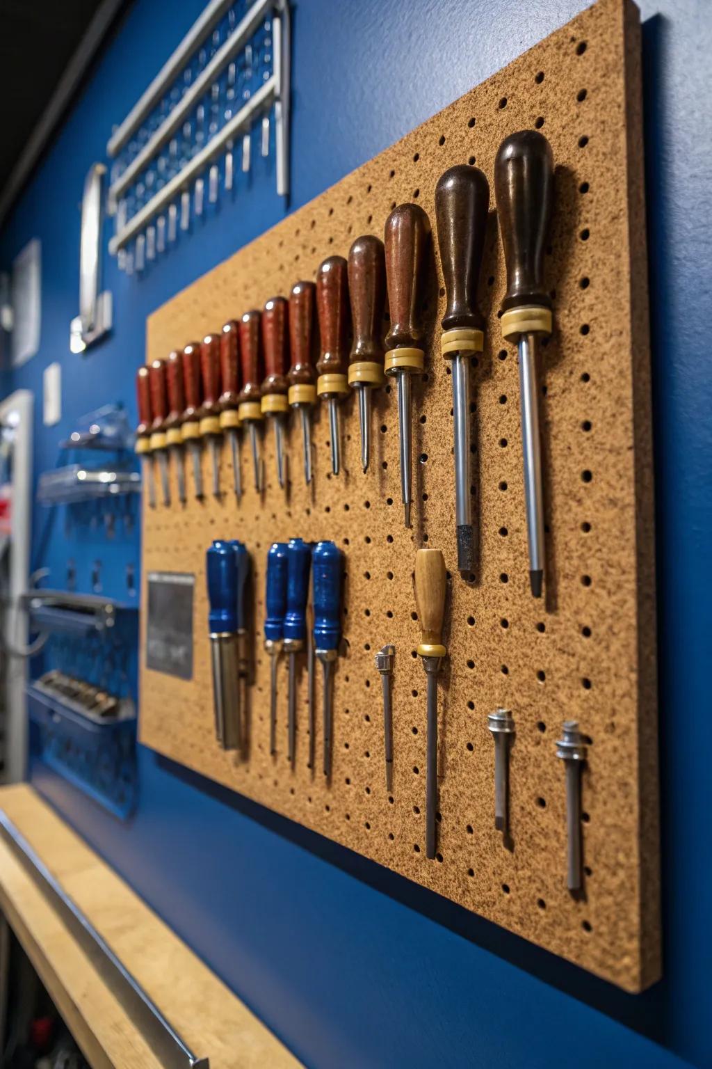 Transform your workspace with a corkboard tool holder - the perfect blend of functionality and style for the modern craftsman.