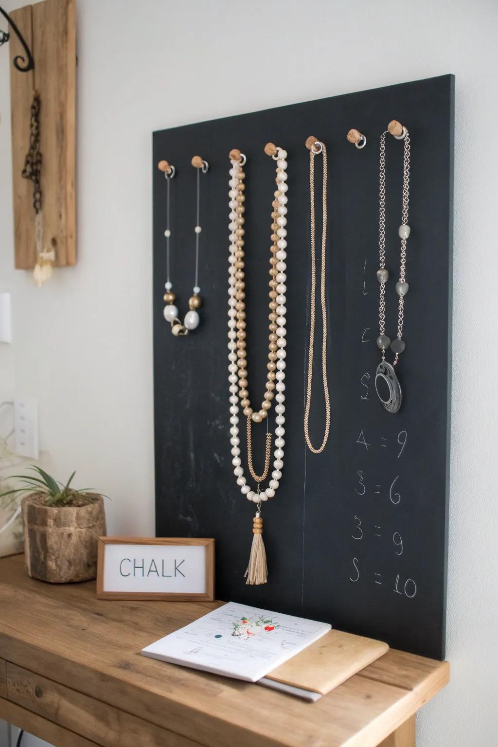 Elegance meets functionality with this chic chalkboard jewelry wall, a perfect blend of Scandinavian minimalism and Boho elegance.