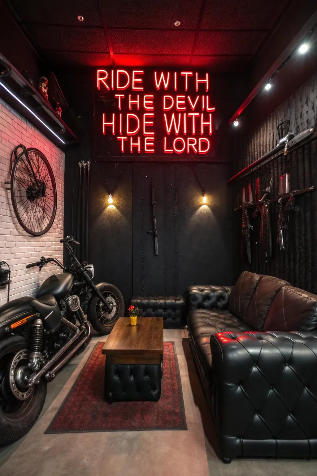 An exciting man cave with the help of a sign.