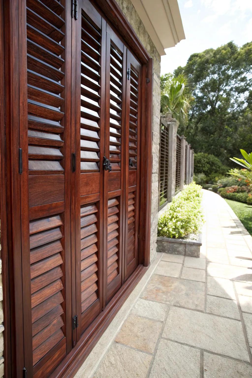 Discover elegance and practicality with artisan-made slatted shutters for your outdoor oasis.