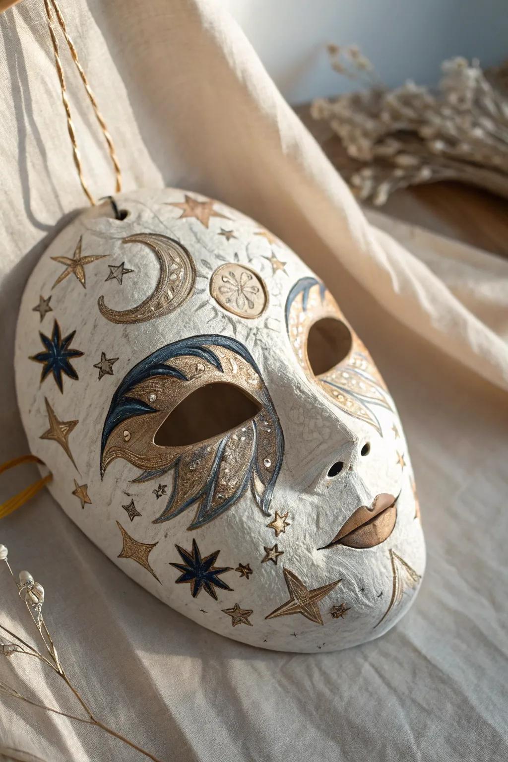 Discover the celestial charm with this handcrafted molding compound mask, where simplicity meets cosmic elegance.