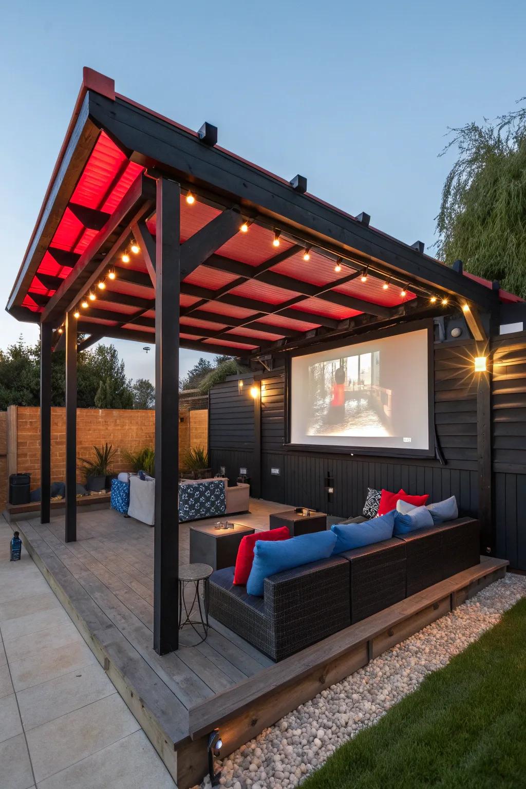 Elevate your evenings: Transform your pergola bar into a stunning open-air cinema for unforgettable movie nights under the stars.
