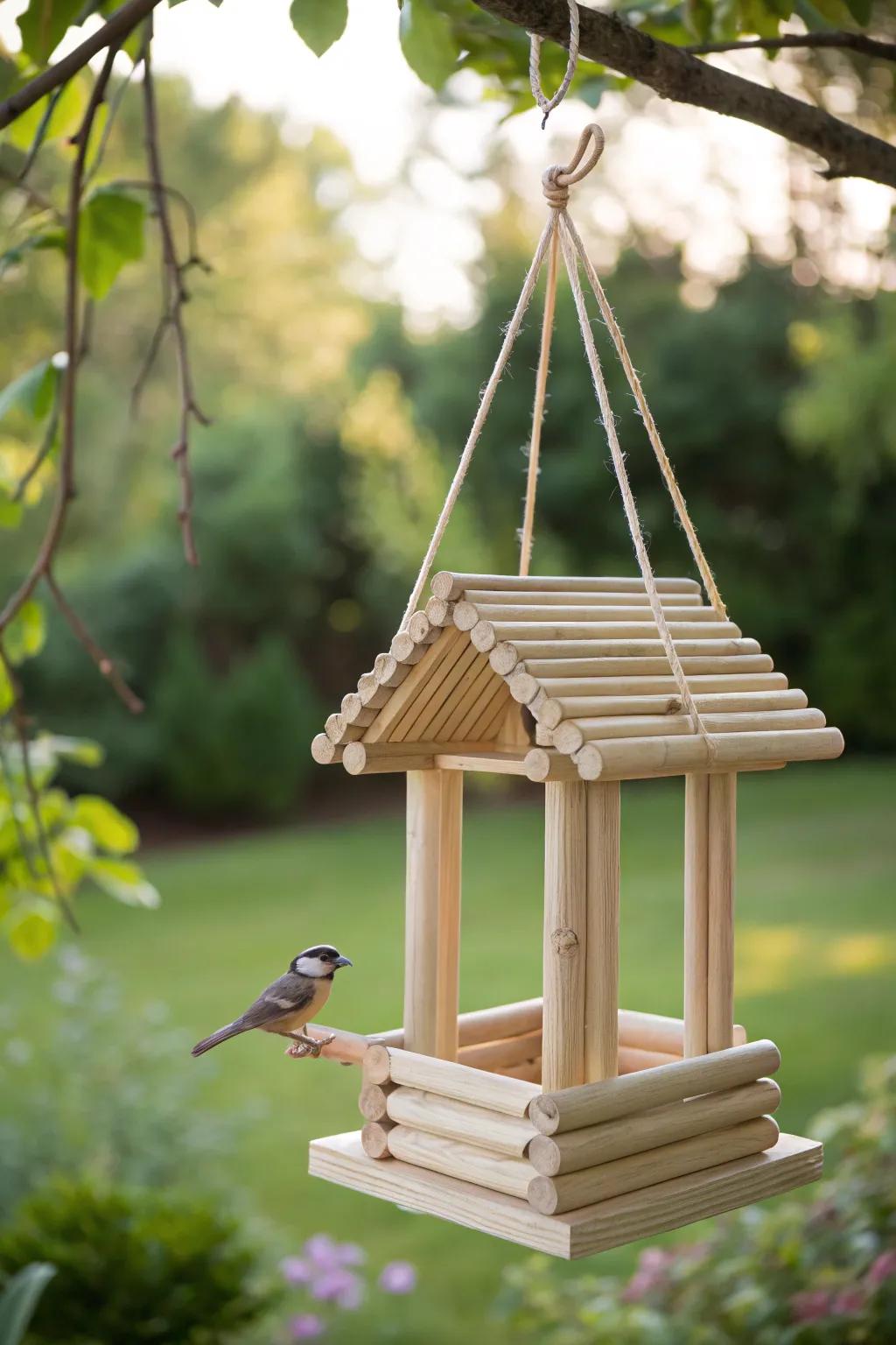 Welcome nature closer through a captivating popsicle stick avian diner. Simple, elegant, and a flawless slice of boho allure for your garden refuge.