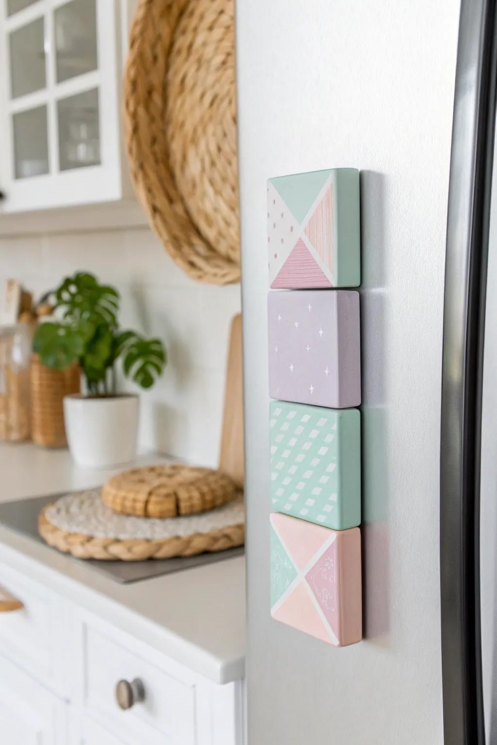Introduce a hint of handcrafted charm to your icebox through these pastel-pigmented timber block holdfasts, impeccable as a considerate Christmas present for parents.