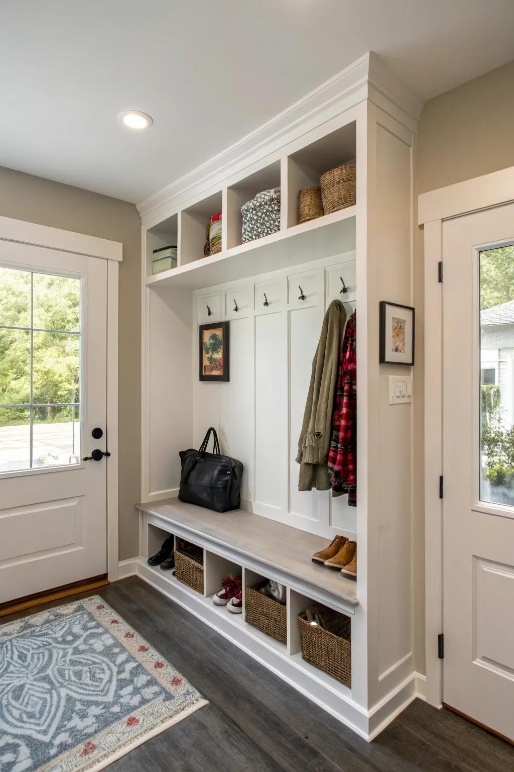 Concealed stowage nooks extend an uncluttered resolution for the entryway.