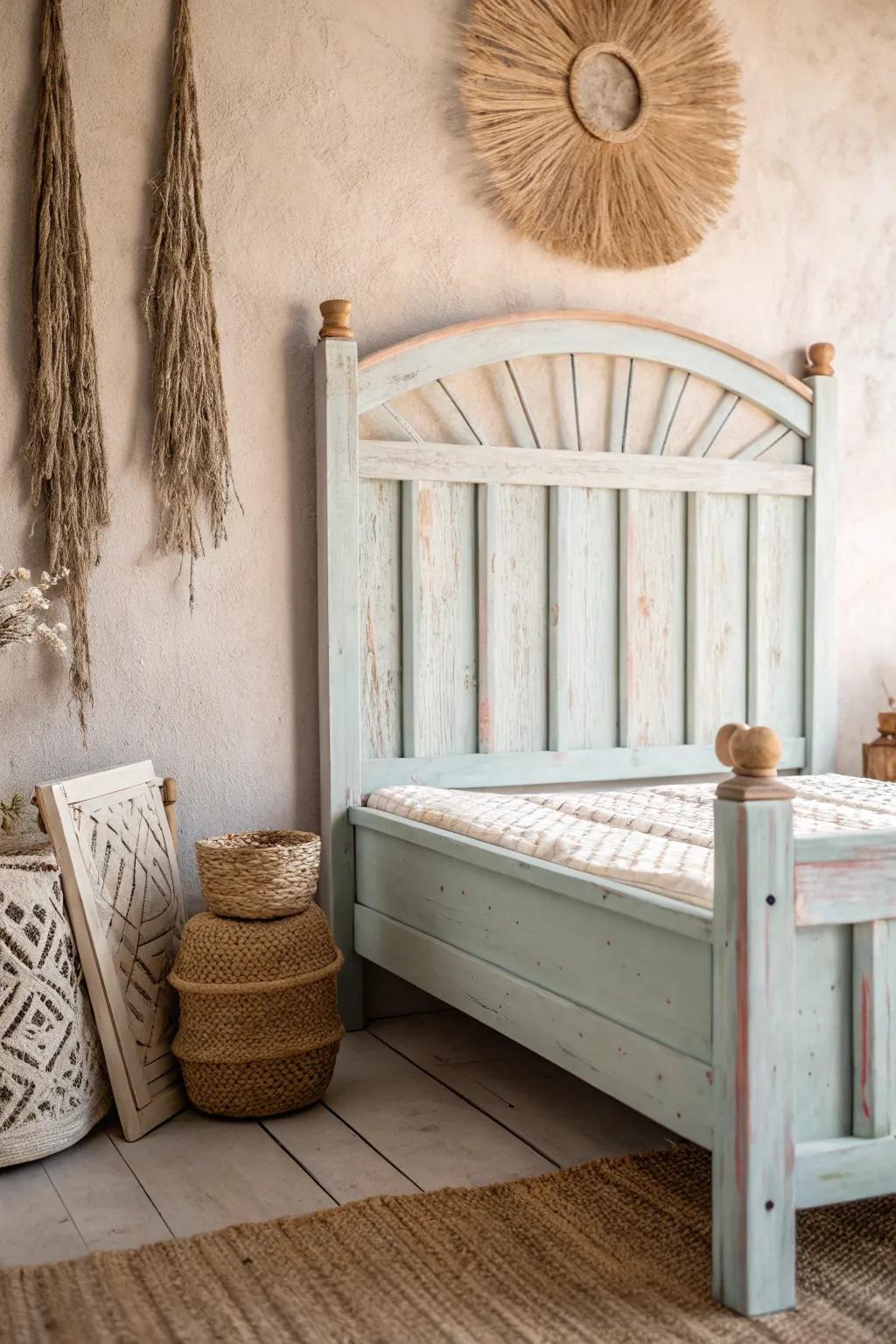 Transform your space with minimalist wall art crafted from a vintage bed frame. Embrace creativity and natural beauty.