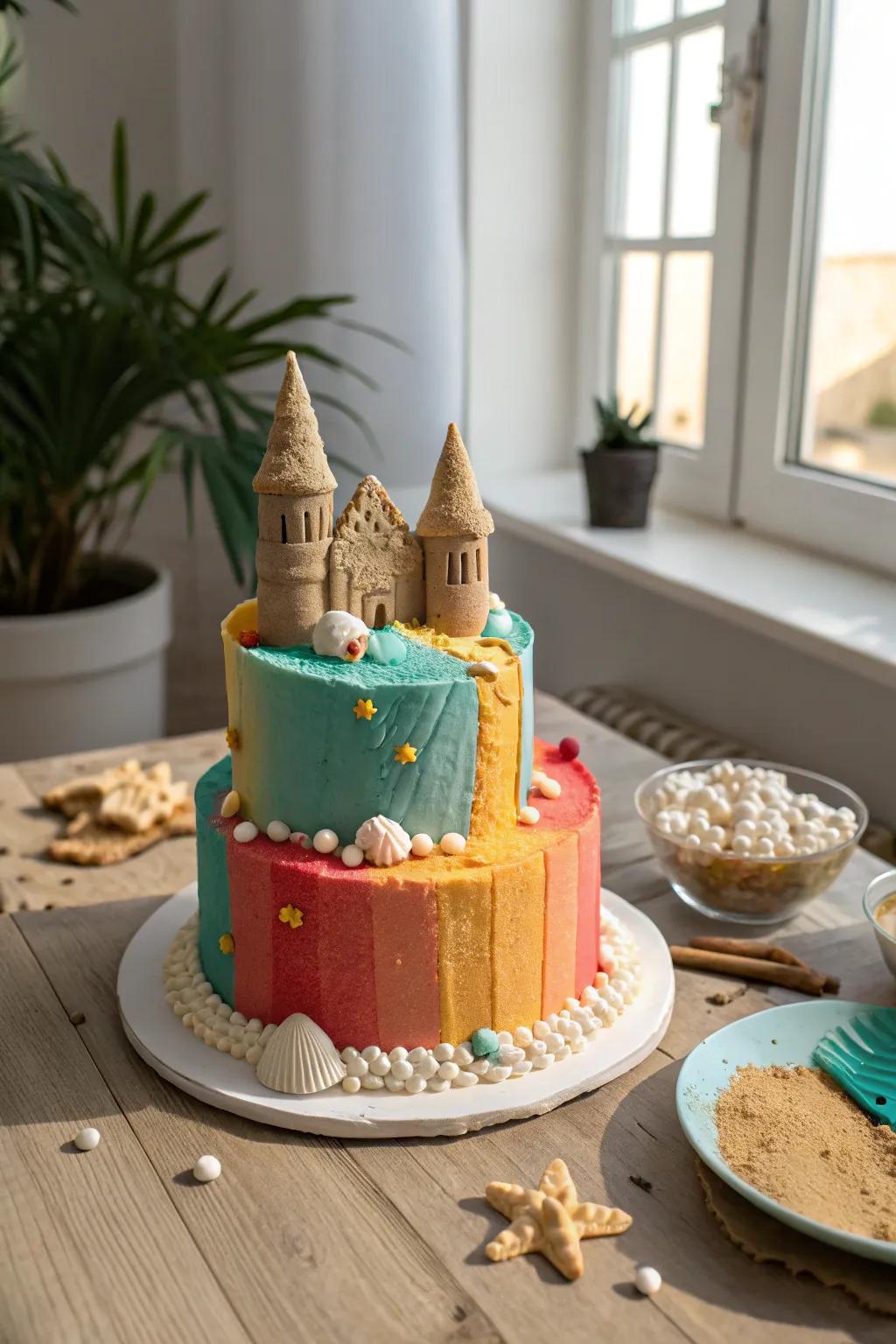 Immerse yourself in a realm of color via this stunning sandcastle cake that introduces a striking, vibrant twist to minimalist sophistication.