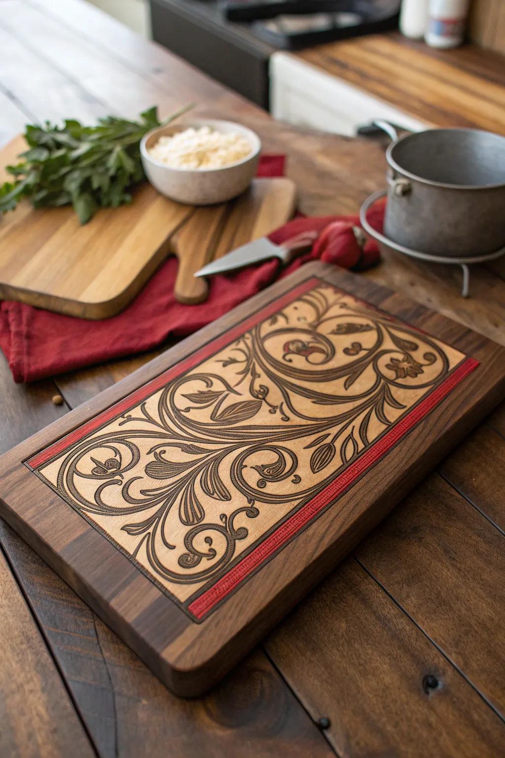 Elevate your cooking space with this beautifully engraved slicing board, a testament to fine craftsmanship and style.