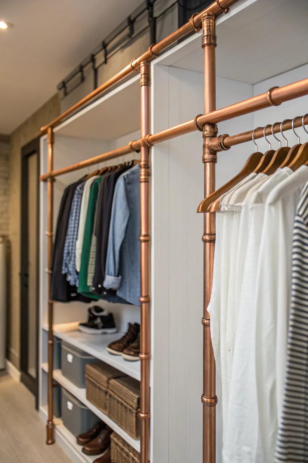 Metal pipes add a stylish industrial vibe to your closet.