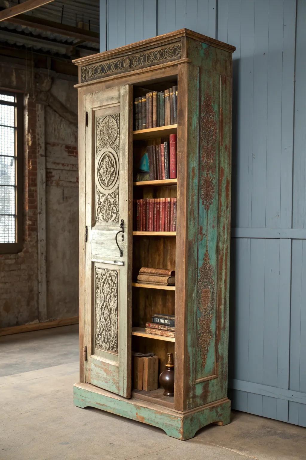 Transform vintage charm into utilitarian art with this repurposed entrance bookshelf.