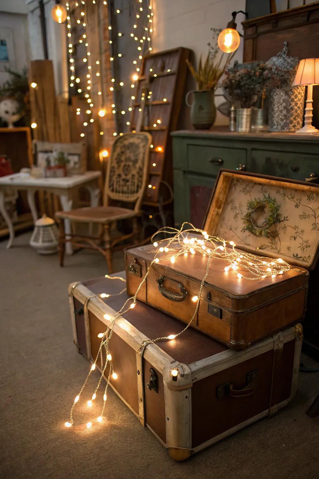 A vintage suitcase serves as an eccentric and charming base for string light supports.