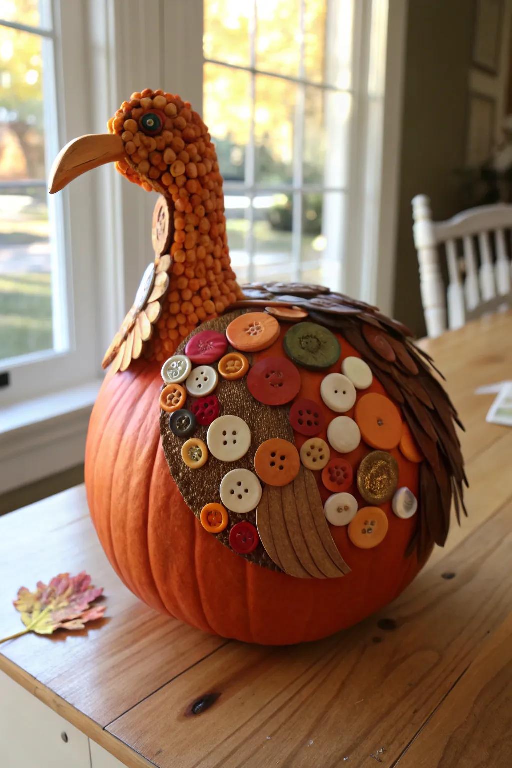 Fastener magic converges with pumpkin art: Introduce a charming variation to your turkey crafting with kaleidoscopic fastener embellishments.