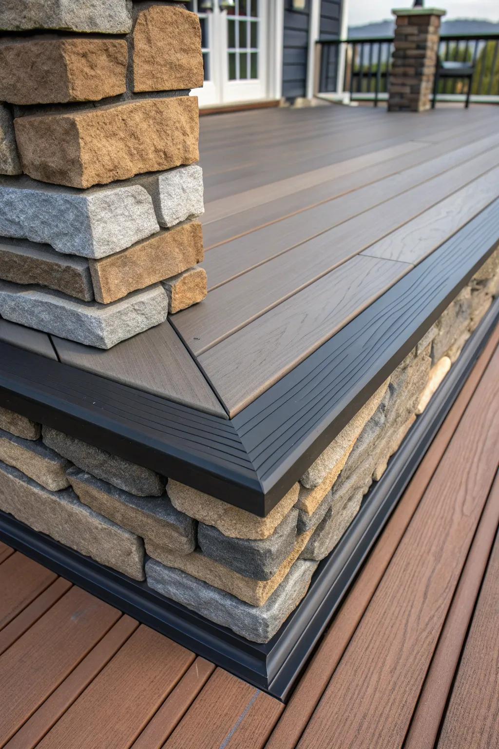 Elevate your outdoor space with a stunning blend of vinyl, stone, and wood for a deck that exudes craftsmanship and style.