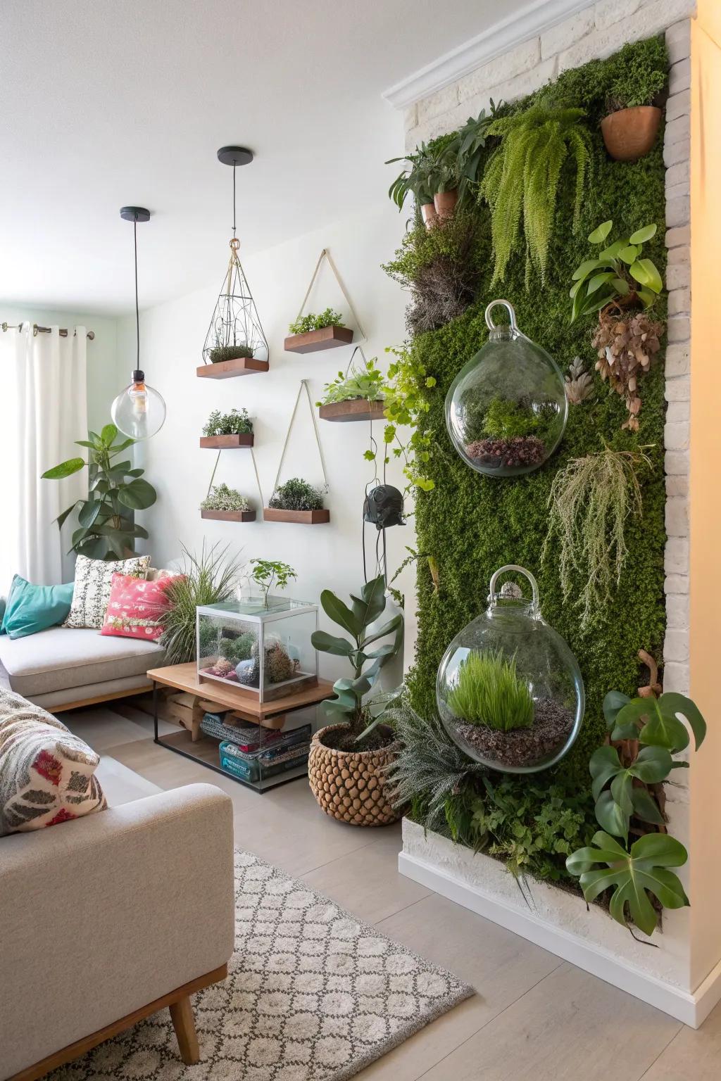 A vibrant living chamber through a fusion flora wall, proffering a lush and diverse upright sanctuary.