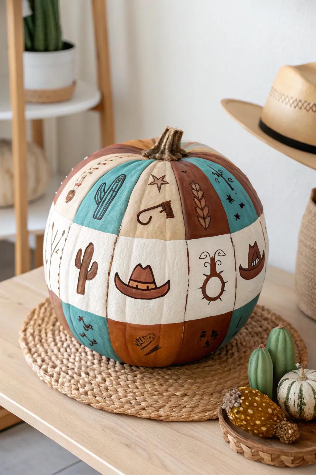 Elevate your fall décor with a Western-themed painted pumpkin that blends simplicity and artistic flair.