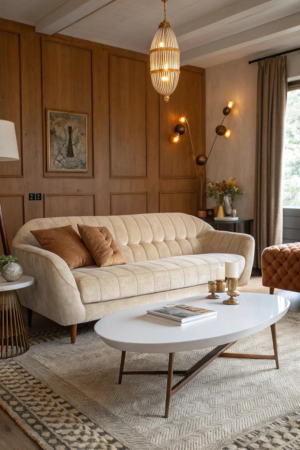 Mid-century charm featuring beige and white elegance.