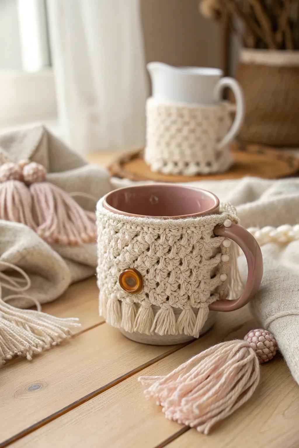 Sip in flair with a cozy hint of handmade elegance.