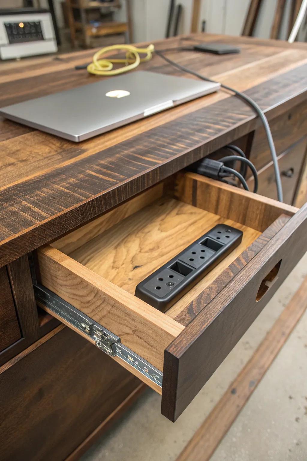 Discover the art of concealed power solutions with our sleek, integrated workbench design.