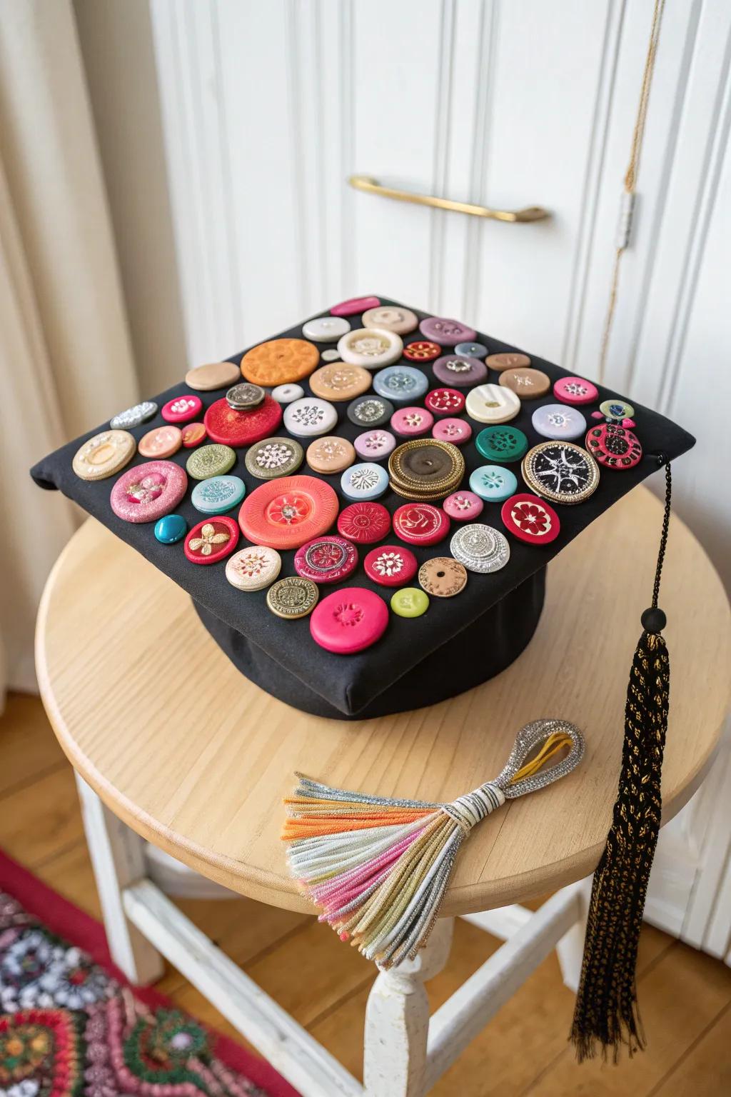 Craft your own story with a Button Bonanza graduation cap, where each piece is a nod to heritage and vibrant creativity.