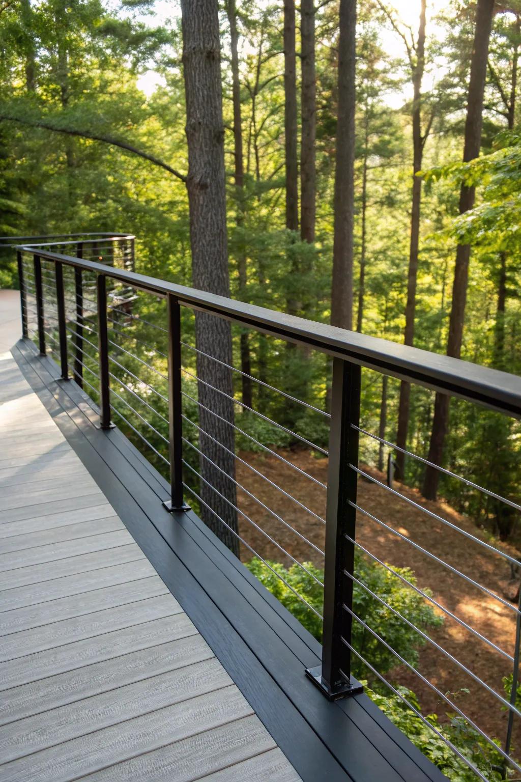 Blend seamlessly with nature: Elevate your deck with a modern wire railing that complements the landscape.