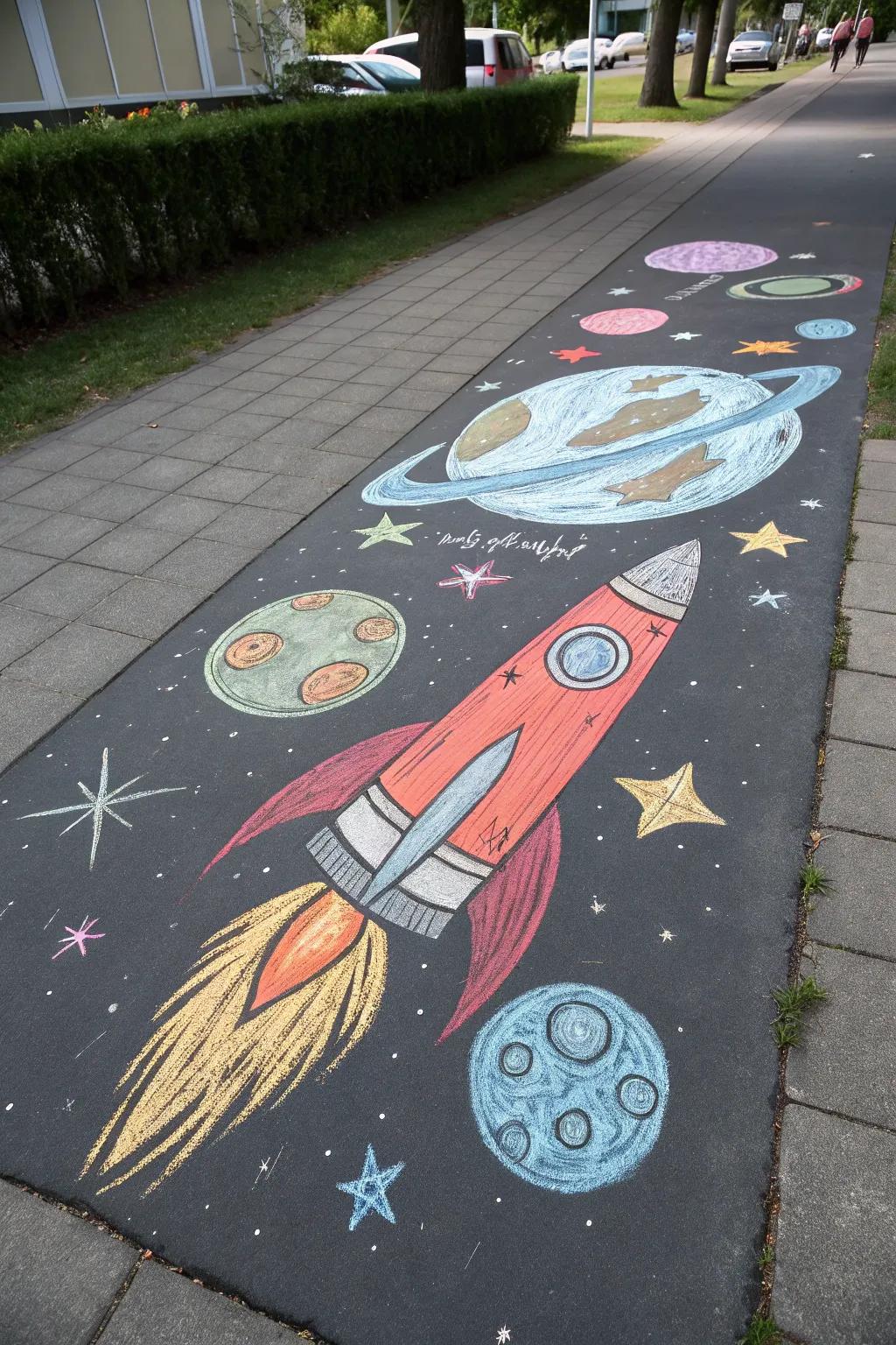 Launch your ingenuity accompanied by this stunning celestial-themed chalk artistry escapade!