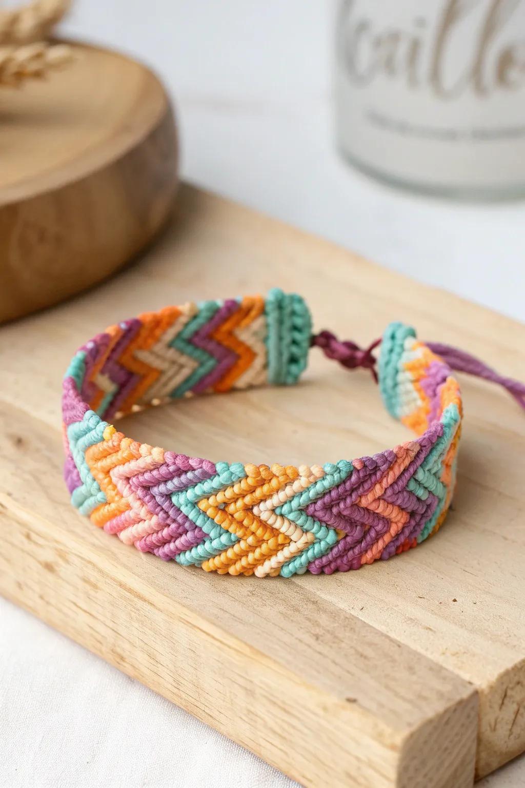Embrace the unexpected with mismatched hues in your chevron wristband for an audacious, creative proclamation.